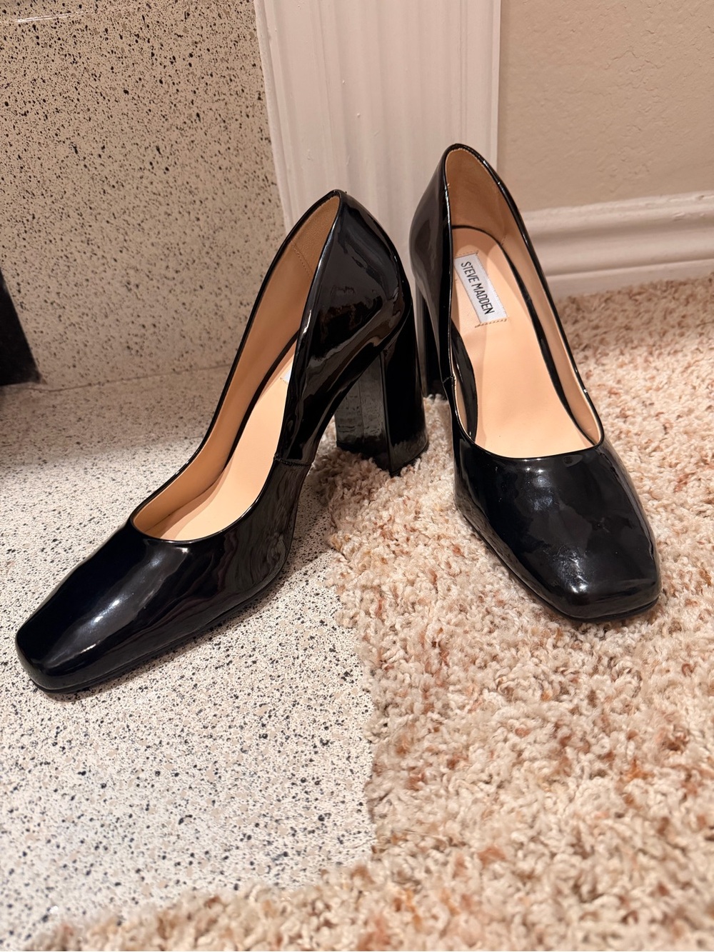 Steve Madden Black Patent Square-Toe Block Heels